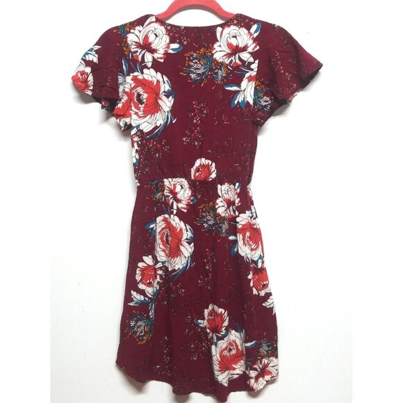 Band of Gypsies Wrap Dress XS Burgundy floral bouquet Keyhole back pockets hi-lo - Picture 2 of 12